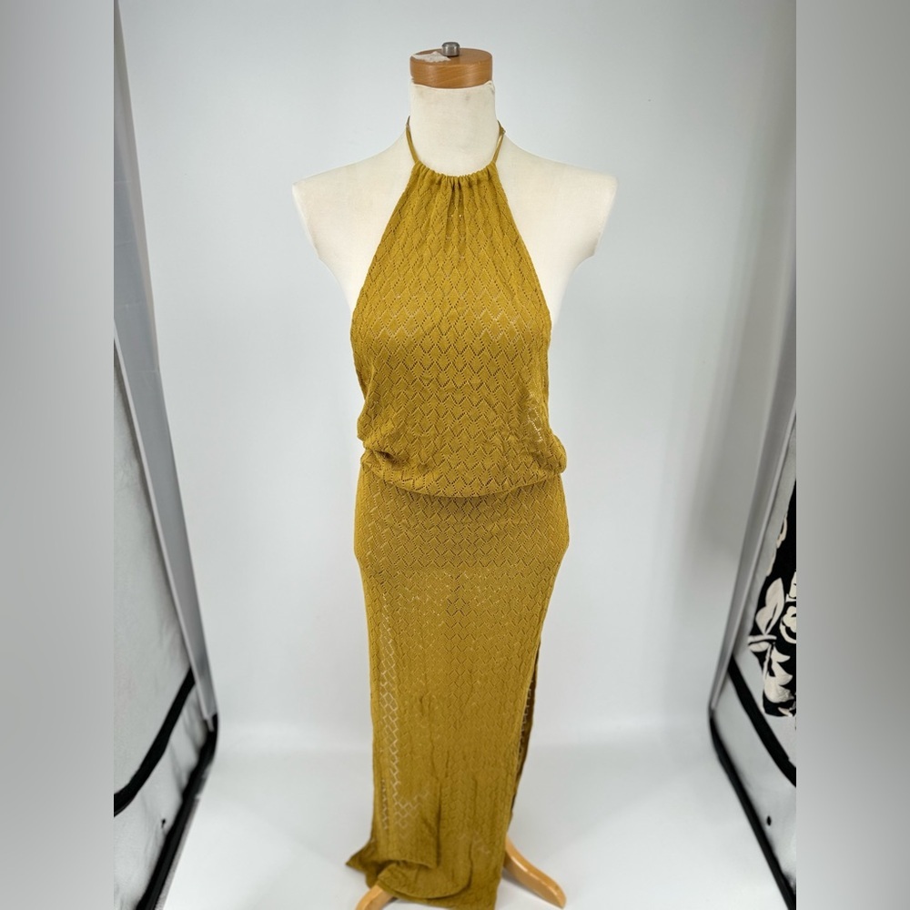 8 Birdies Mustard Yellow Crotchet Knit Halter Open Back Swim Coverup